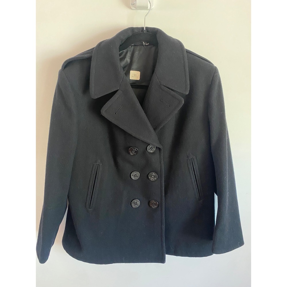 Mens Black Double Breasted Peacoat Anchor Buttons Military Navy Size 16S